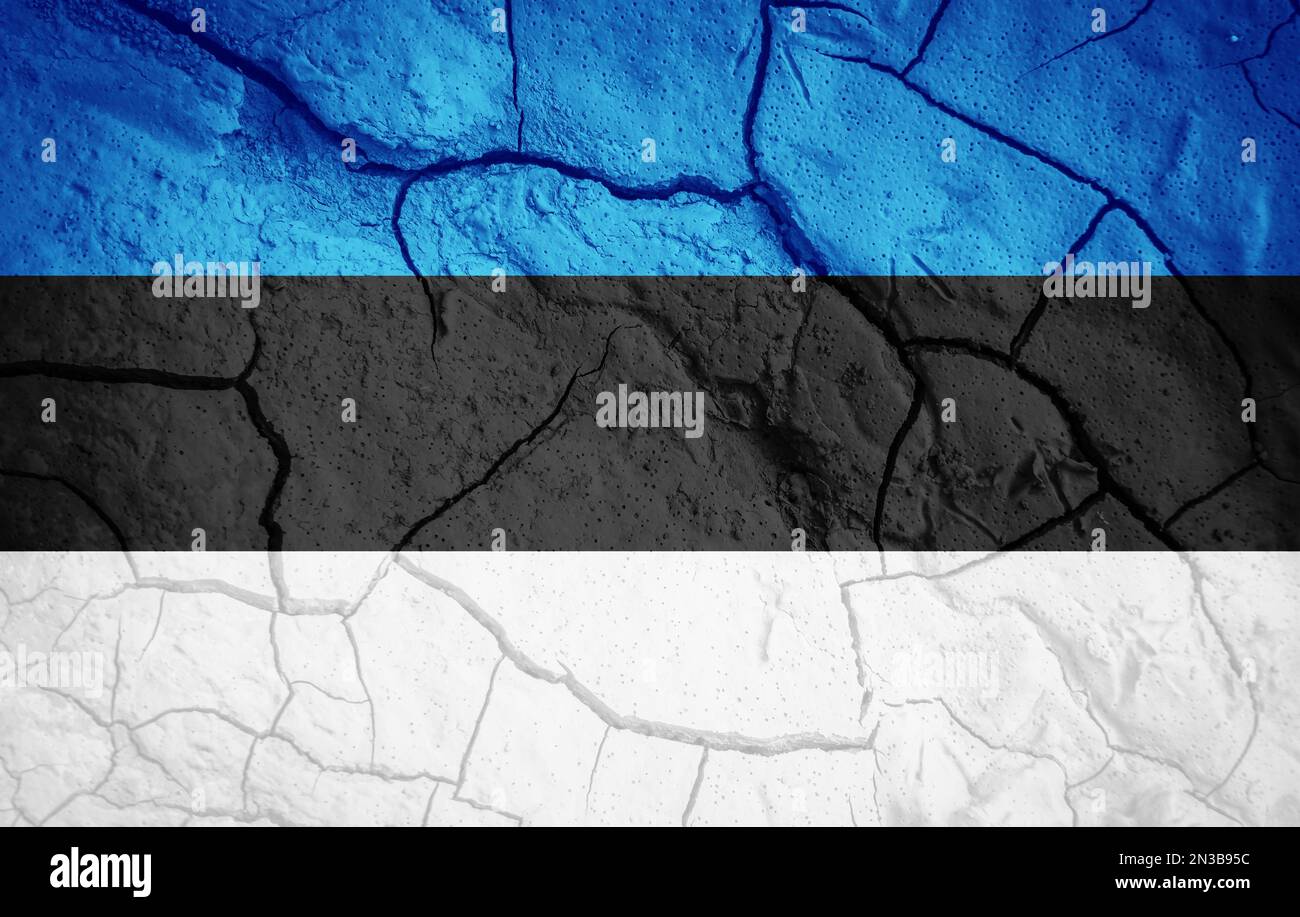 Flag of Estonia. Estonian symbol. Flag on the background of dry cracked earth. Estonian flag with drought concept Stock Photo