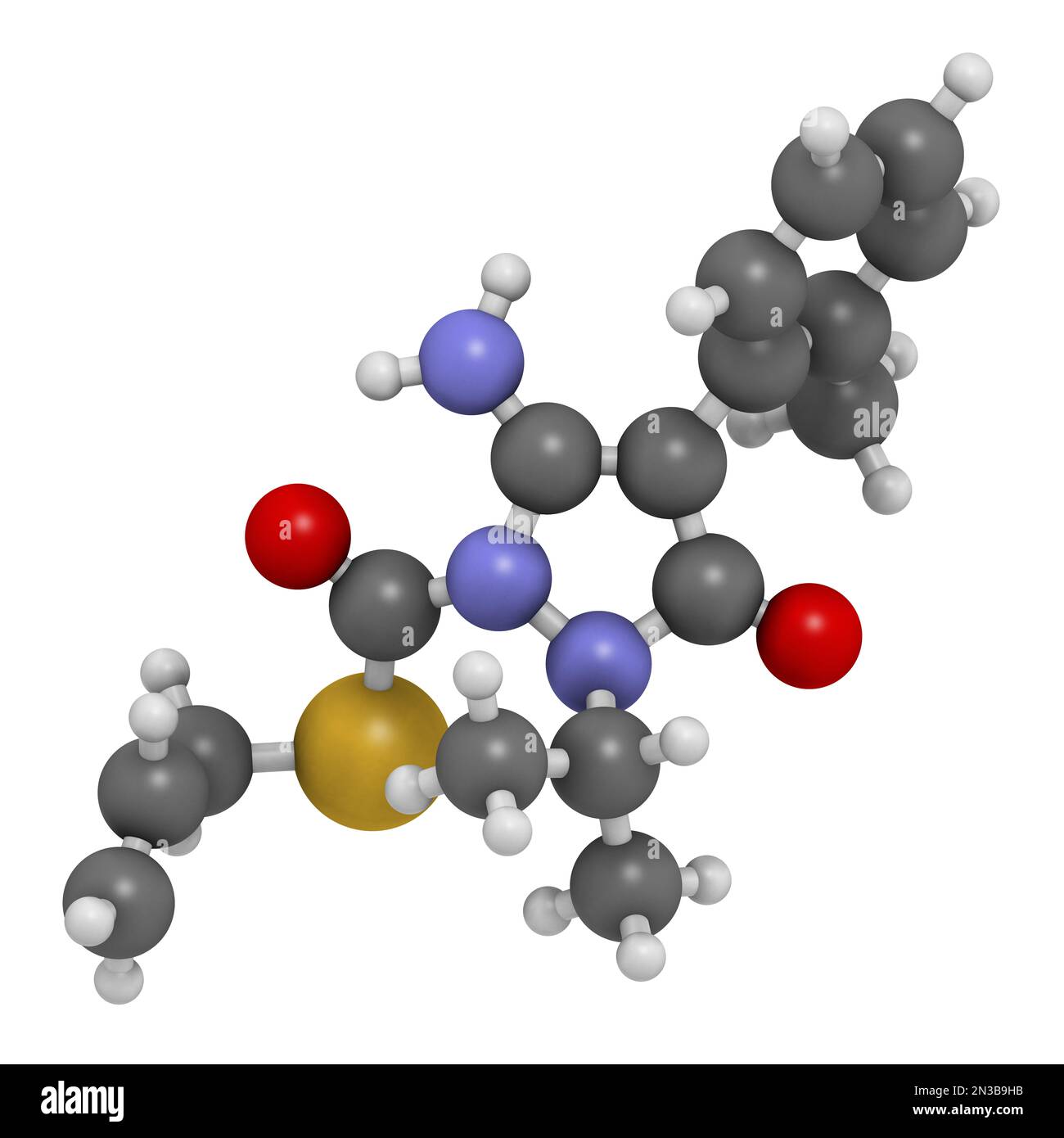 Fenpyrazamine fungicide molecule. 3D rendering. Atoms are represented as spheres with conventional color coding: hydrogen (white), carbon (grey), oxyg Stock Photo