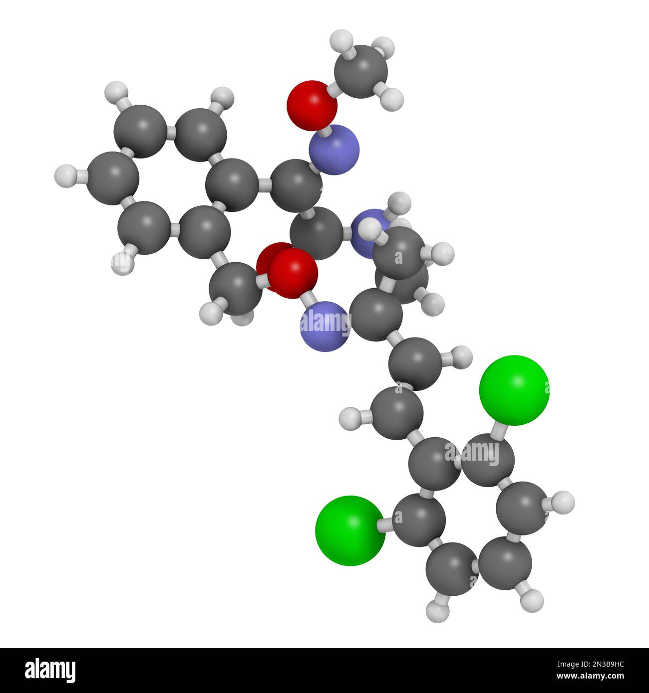 Fenaminstrobin fungicide molecule. 3D rendering. Atoms are represented as spheres with conventional color coding: hydrogen (white), carbon (grey), oxy Stock Photo