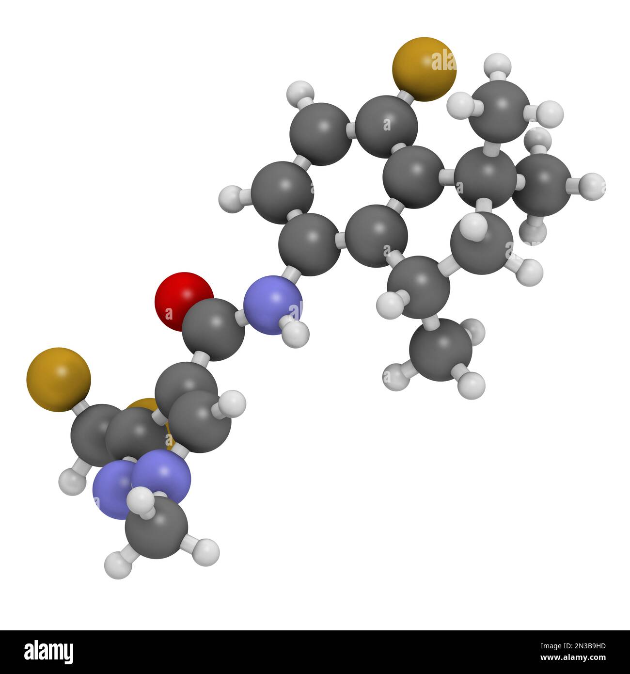 Fluindapyr fungicide molecule. 3D rendering. Atoms are represented as spheres with conventional color coding: hydrogen (white), carbon (grey), oxygen Stock Photo