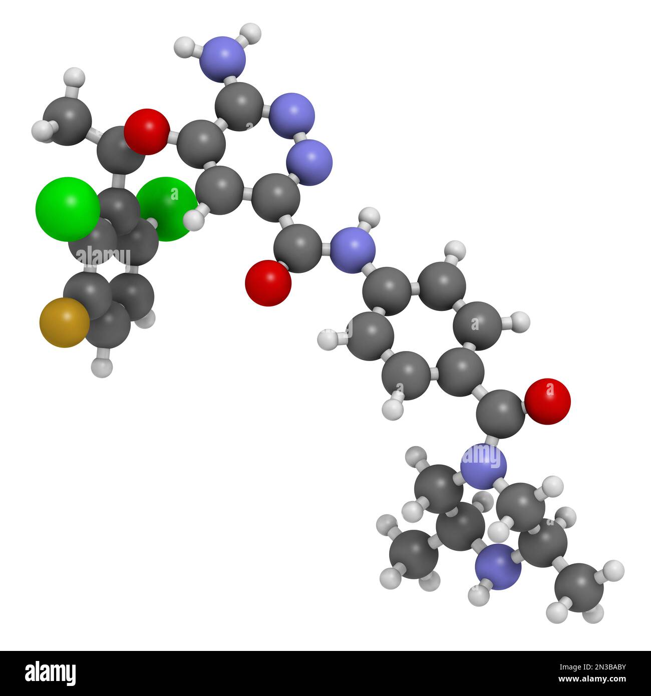 Ensartinib drug molecule. 3D rendering. Atoms are represented as spheres with conventional color coding: hydrogen (white), carbon (grey), nitrogen (bl Stock Photo