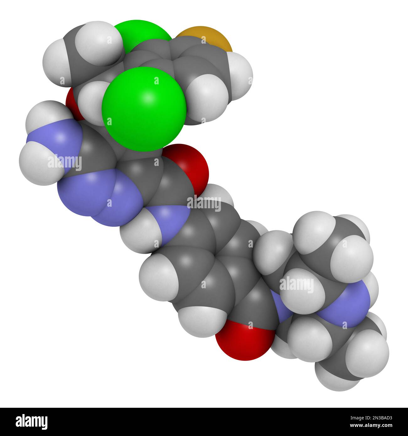 Ensartinib drug molecule. 3D rendering. Atoms are represented as spheres with conventional color coding: hydrogen (white), carbon (grey), nitrogen (bl Stock Photo