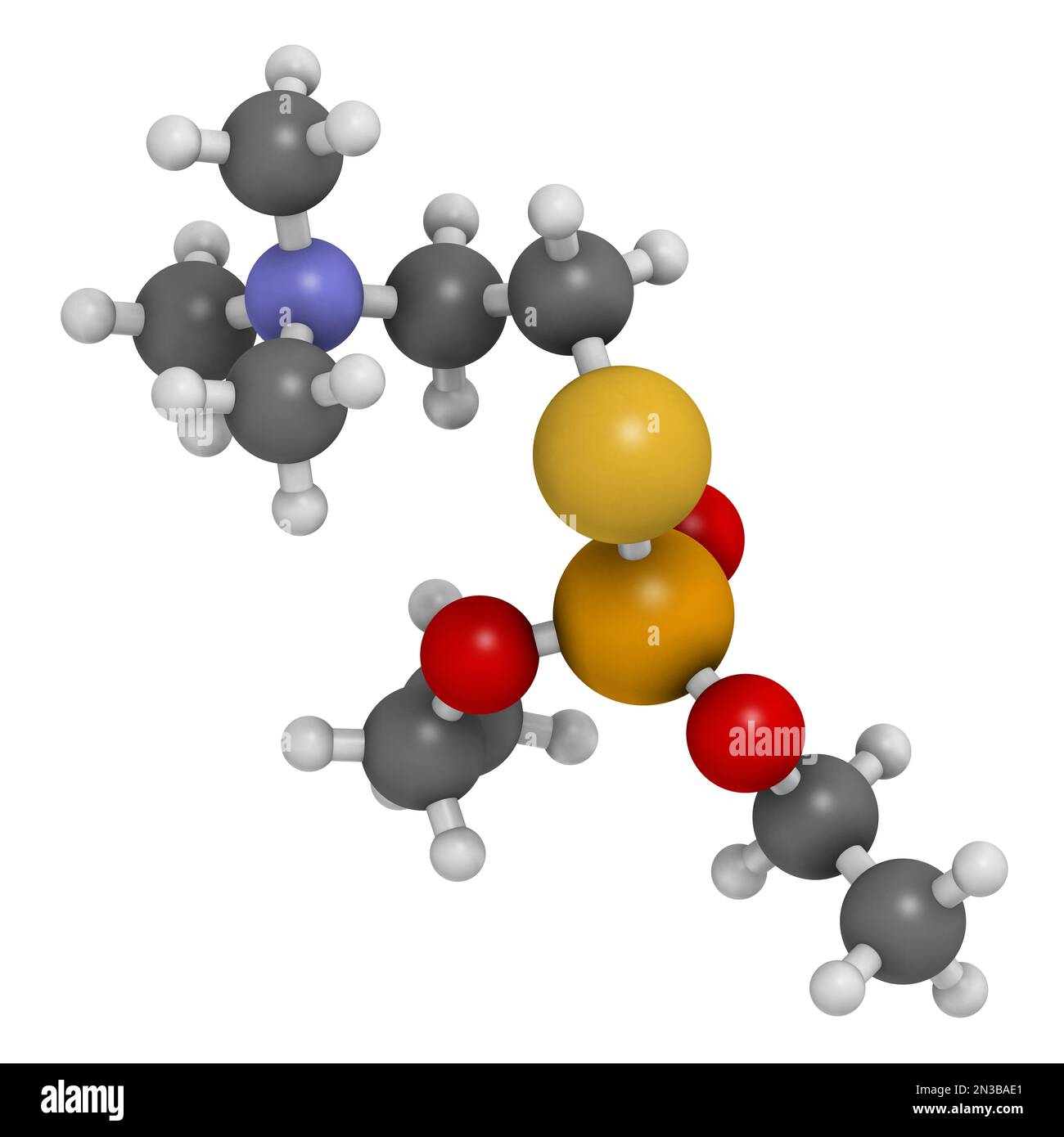 Echothiophate (phospholine) drug molecule. 3D rendering. Atoms are represented as spheres with conventional color coding: hydrogen (white), carbon (gr Stock Photo
