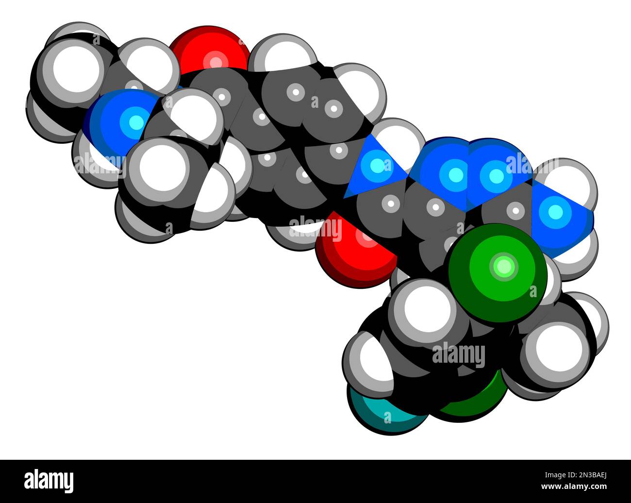 Ensartinib drug molecule. 3D rendering. Atoms are represented as spheres with conventional color coding: hydrogen (white), carbon (black), nitrogen (b Stock Photo