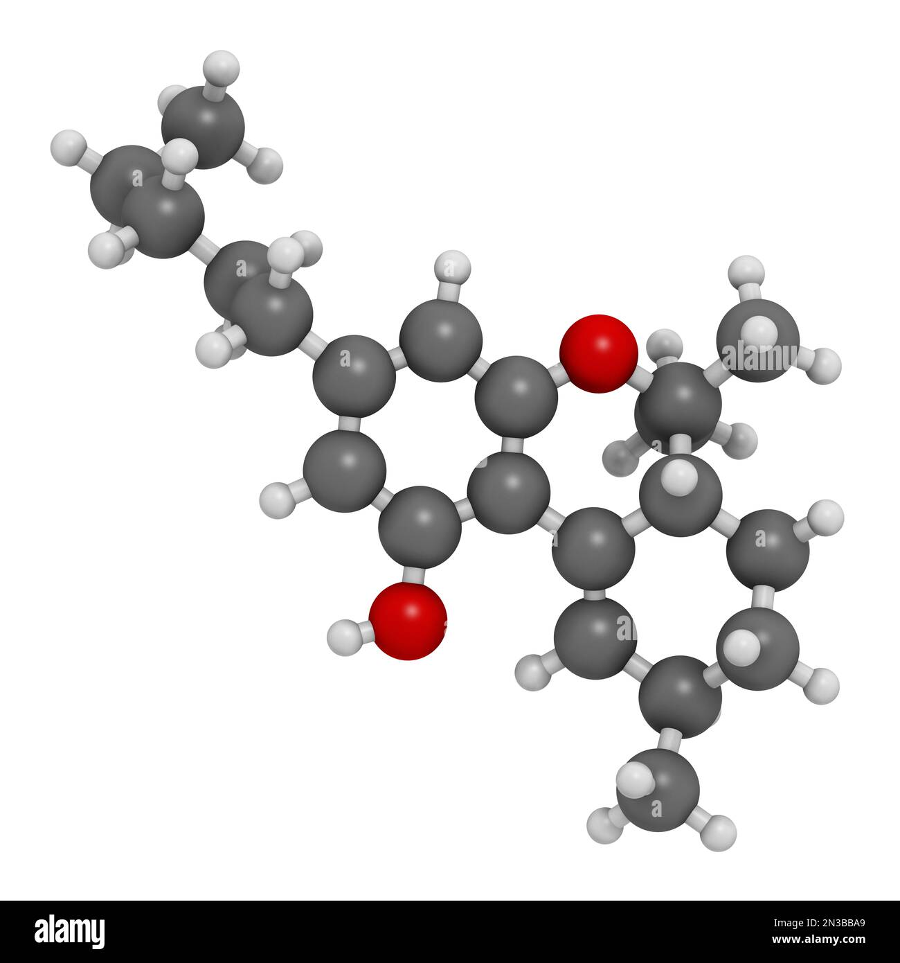 Delta-10-tetrahydrocannabinol (D10-THC) molecule. Isomer of Delta-9-THC. 3D rendering. Atoms are represented as spheres with conventional color coding Stock Photo