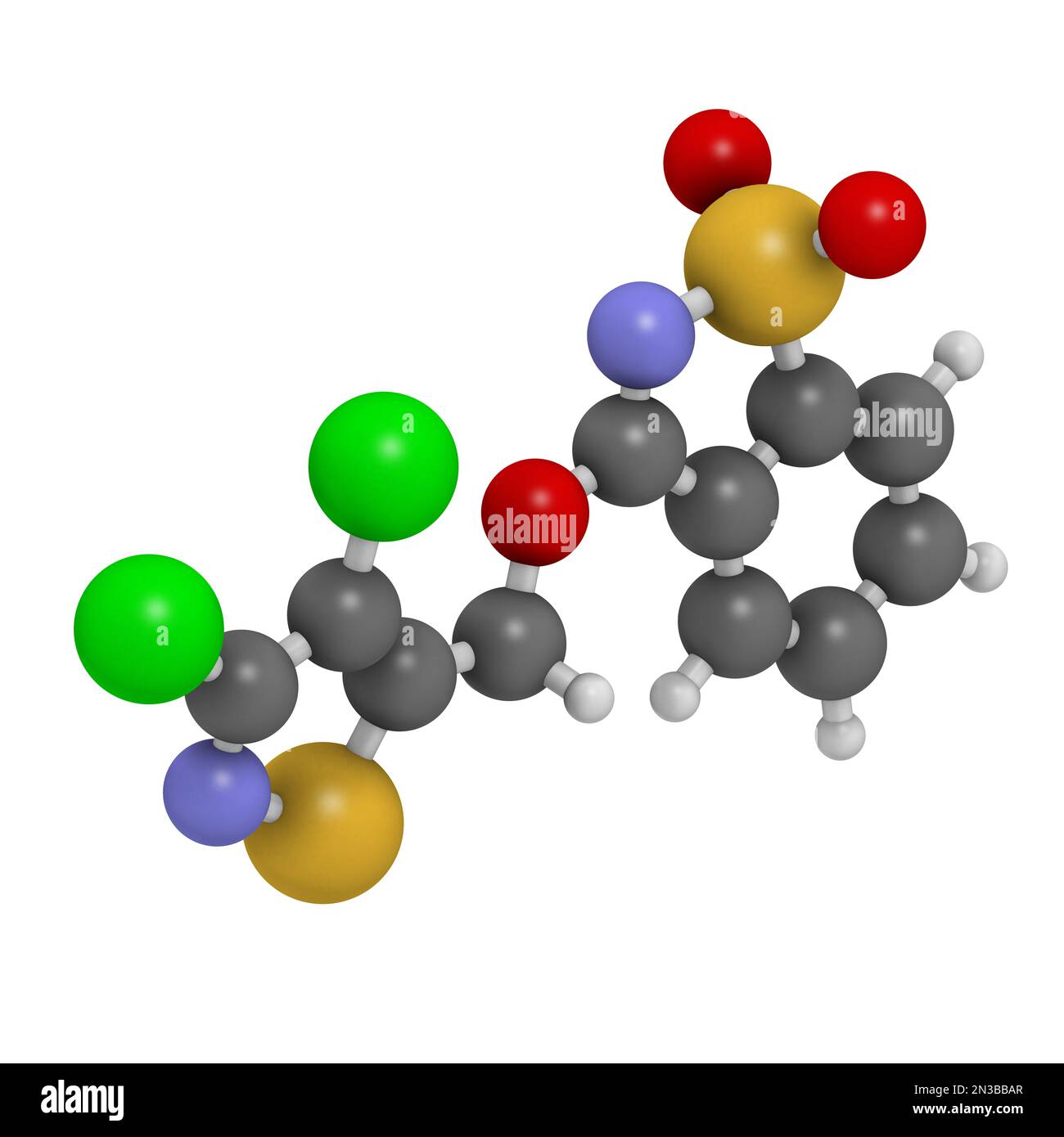 Dichlobentiazox fungicide molecule. 3D rendering. Atoms are represented as spheres with conventional color coding: hydrogen (white), carbon (grey), ox Stock Photo