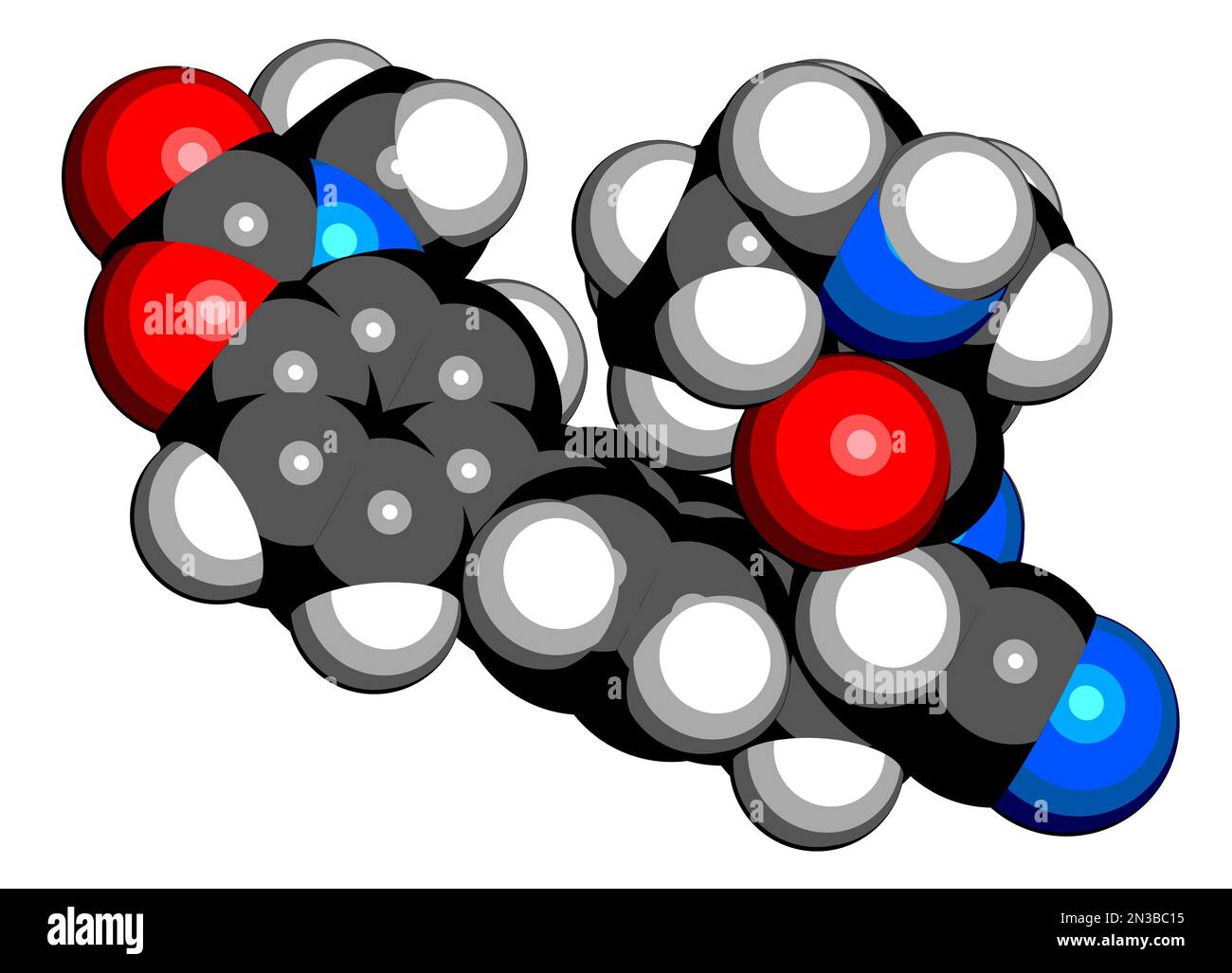 Brensocatib drug molecule. 3D rendering. Atoms are represented as spheres with conventional color coding: hydrogen (white), carbon (black), nitrogen ( Stock Photo