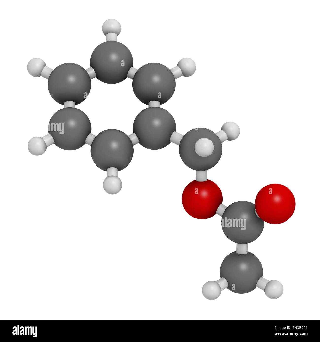 Benzyl acetate molecule. 3D rendering. Atoms are represented as spheres with conventional color coding: hydrogen (white), carbon (grey), oxygen (red). Stock Photo
