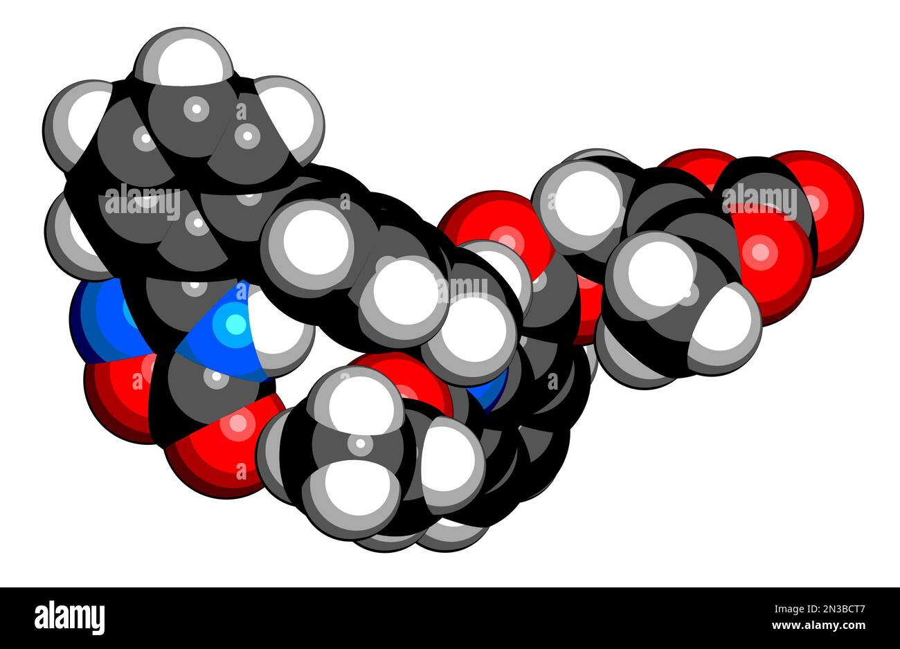 Azilsartan medoxomil hypertension drug molecule. 3D rendering. Atoms are represented as spheres with conventional color coding: hydrogen (white), carb Stock Photo