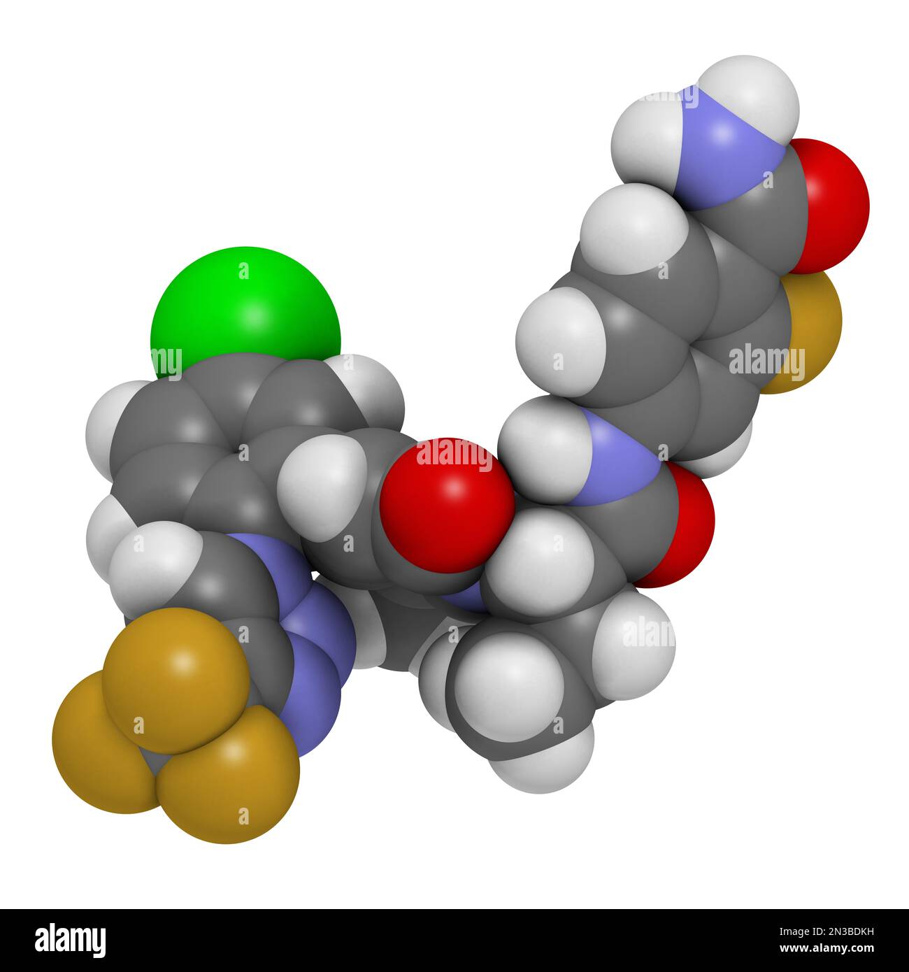 Asundexian drug molecule. Inhibitor of factor XIa. 3D rendering. Atoms