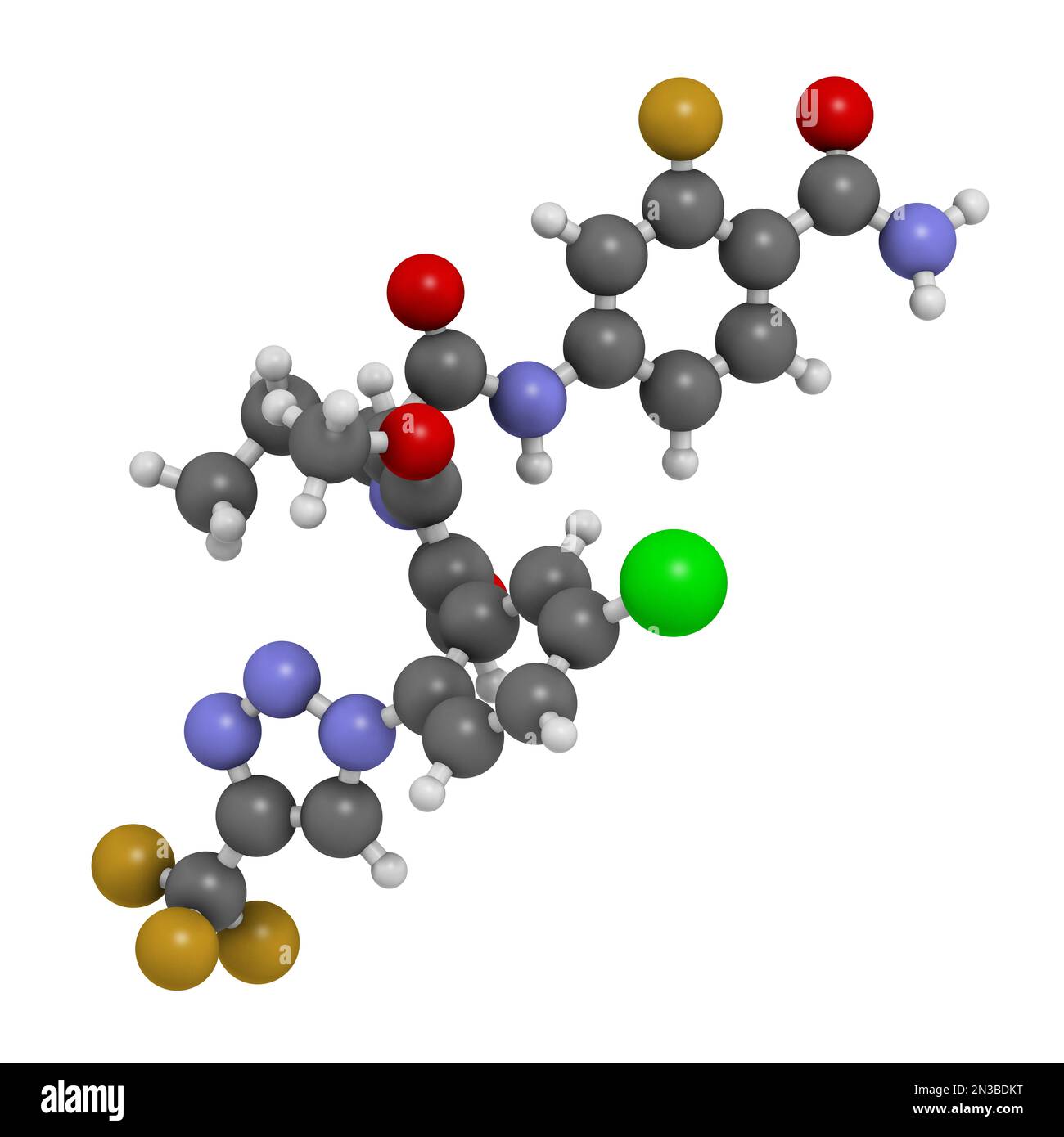Asundexian drug molecule. Inhibitor of factor XIa. 3D rendering. Atoms