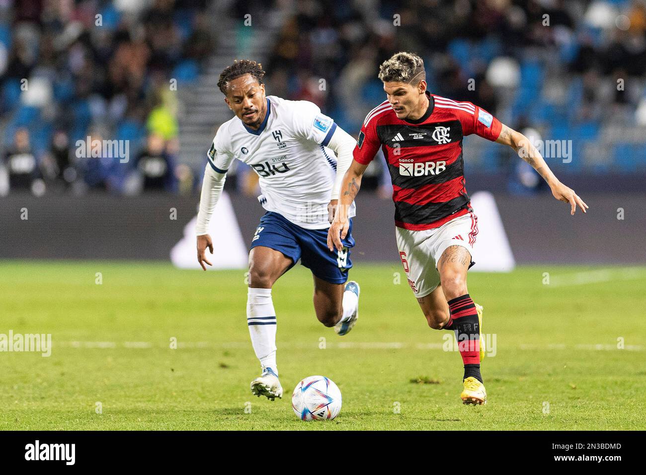 Tangier, Morocco. 07th Feb, 2023. Grand Stade of Tangier Andre Carrillo of Al Hilal and Ayrton of Flamengo during the match between Flamengo x Al Hilal, valid for the semi-final of the 2022 FIFA Club World Cup, held at the Grand Stade of Tangier in Tangier, TT. (Richard Callis/SPP) Credit: SPP Sport Press Photo. /Alamy Live News Stock Photo