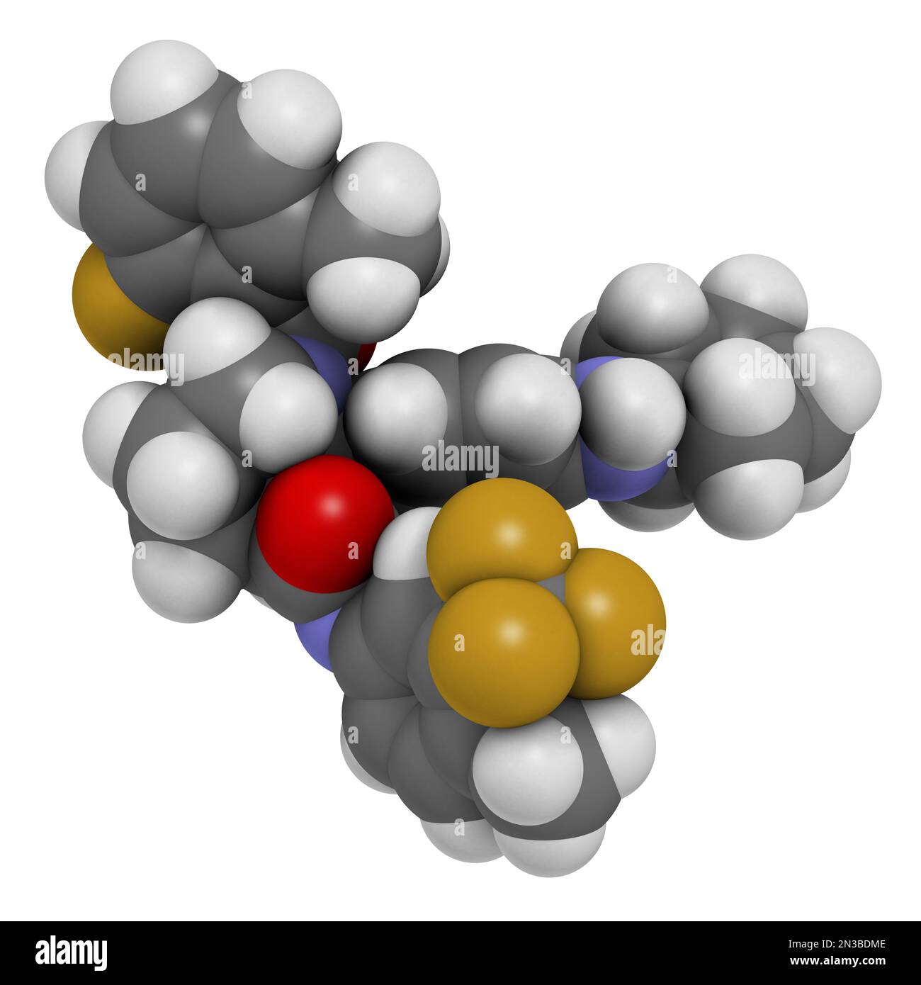 Avacopan drug molecule. 3D rendering. Atoms are represented as spheres with conventional color coding: hydrogen (white), carbon (grey), nitrogen (blue Stock Photo