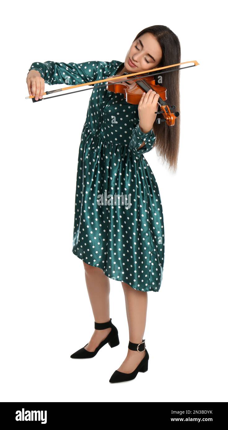 Beautiful woman playing violin on white background Stock Photo - Alamy