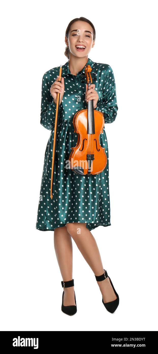 Beautiful woman with violin on white background Stock Photo - Alamy