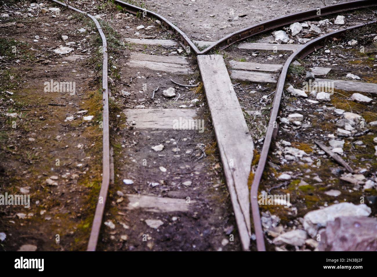 Close-up detail of old train tracks leading into an abandoned mine tunnel into the mountains near Nabesna; Alaska, United States of America Stock Photo
