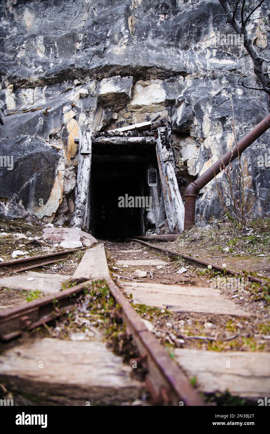 Old train tracks leading into an abandoned mine tunnel into the mountains near Nabesna; Alaska, United States of America Stock Photo
