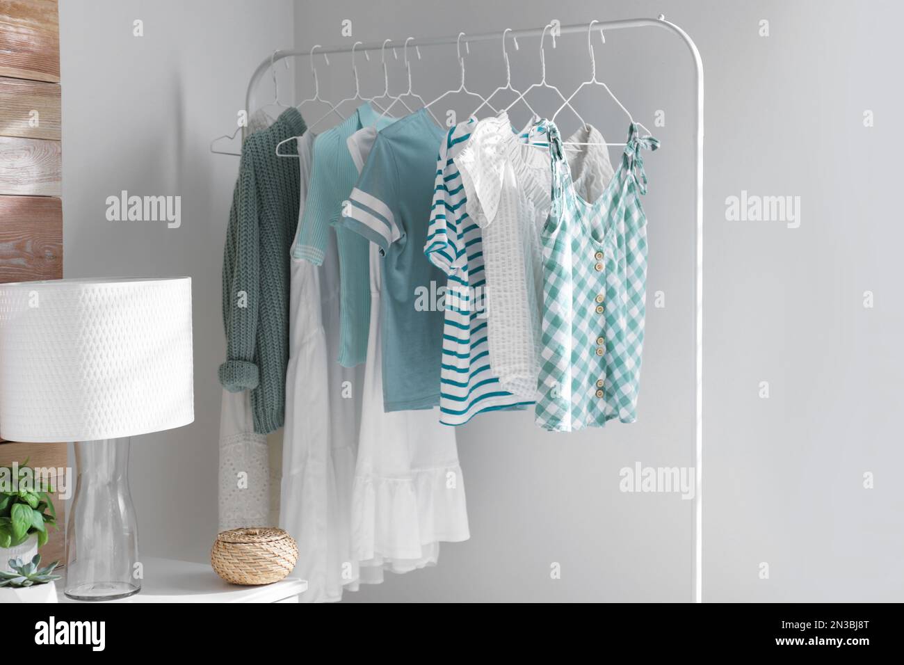 Rack with stylish women's clothes in modern room. Interior design Stock ...