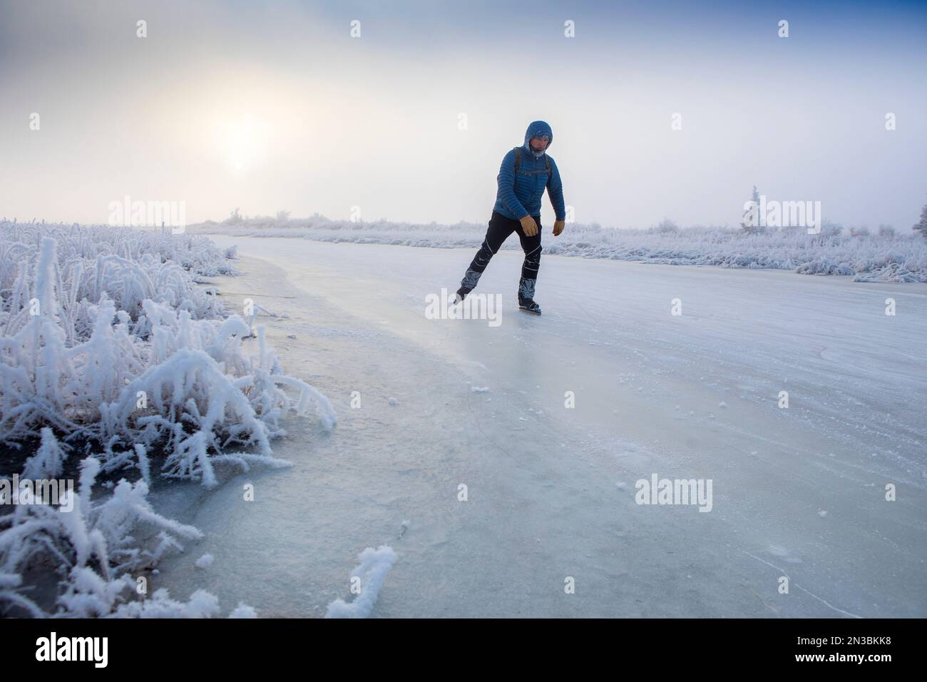 A caucasian man backcountry ice skating, nordic blading, on wild ice of Rabbit Slough with frost covered grass lining the slough through the fog on... Stock Photo