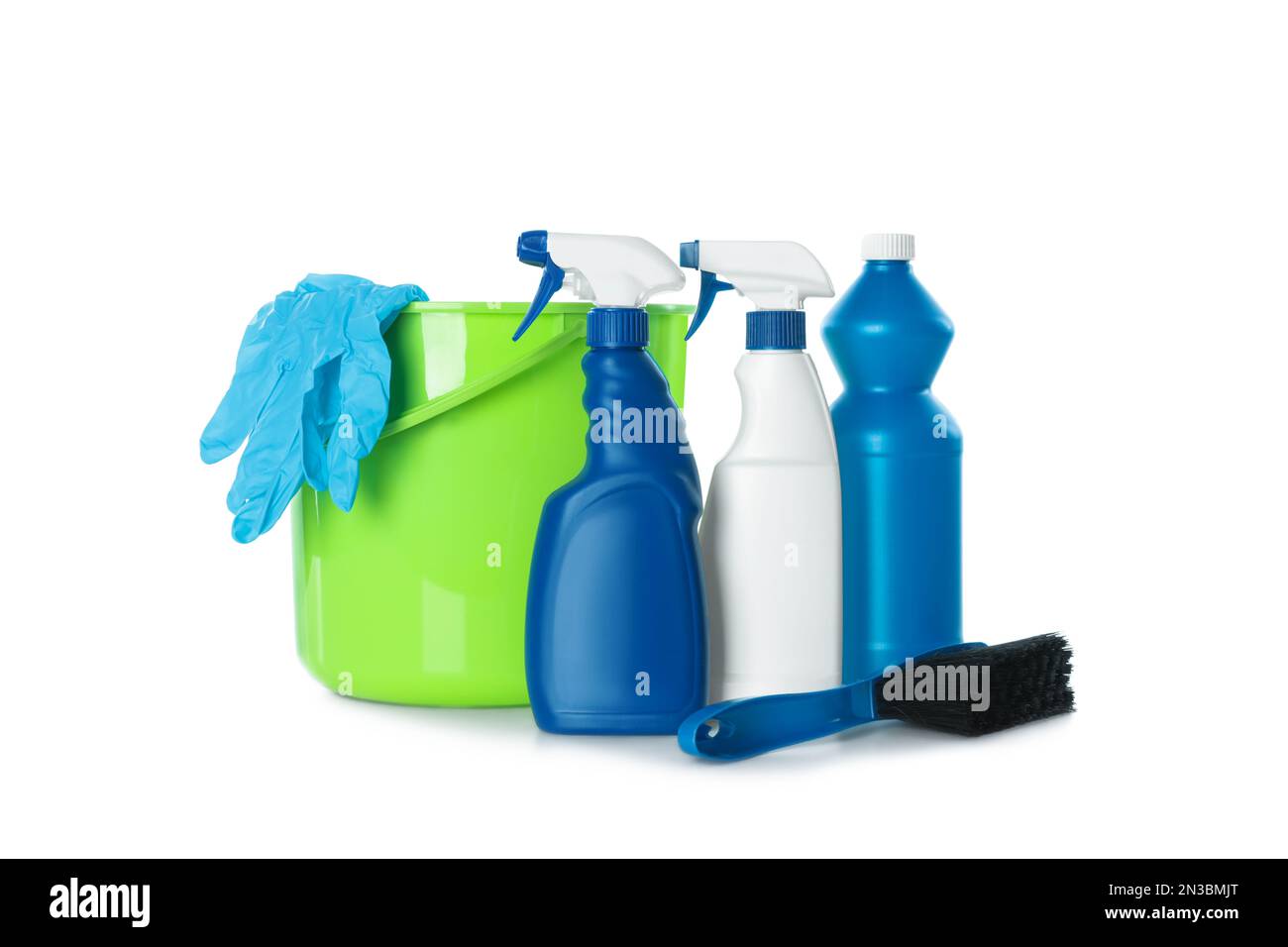 Plastic bucket with different cleaning supplies on white background