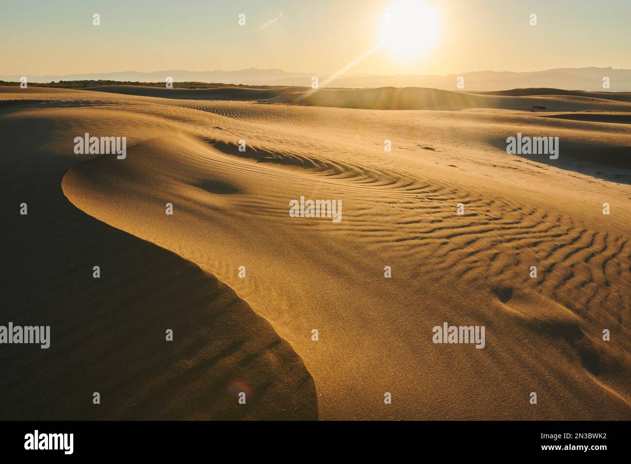 Rippled sand dunes in sunset light, Ebro River Delta; Catalonia, Spain Stock Photo