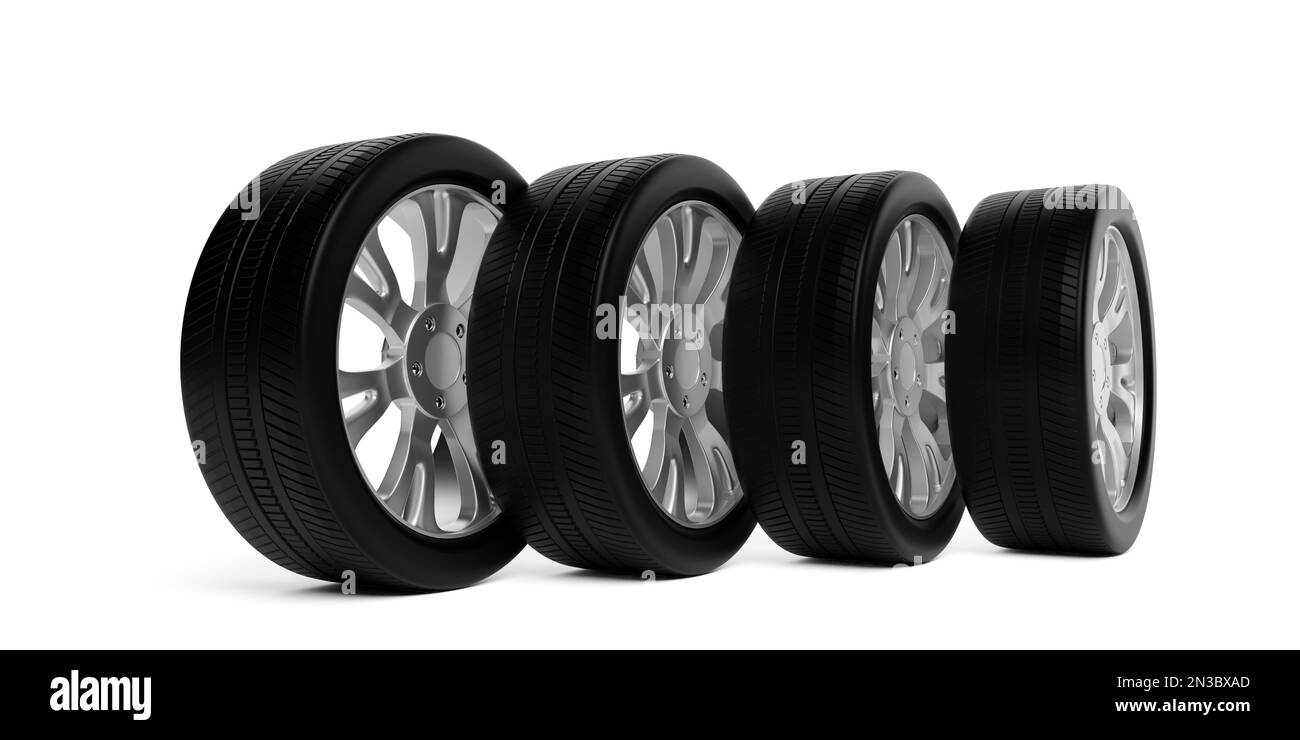 Four car tires with silver rims standing in row on white background, 3D illustration Stock Photo