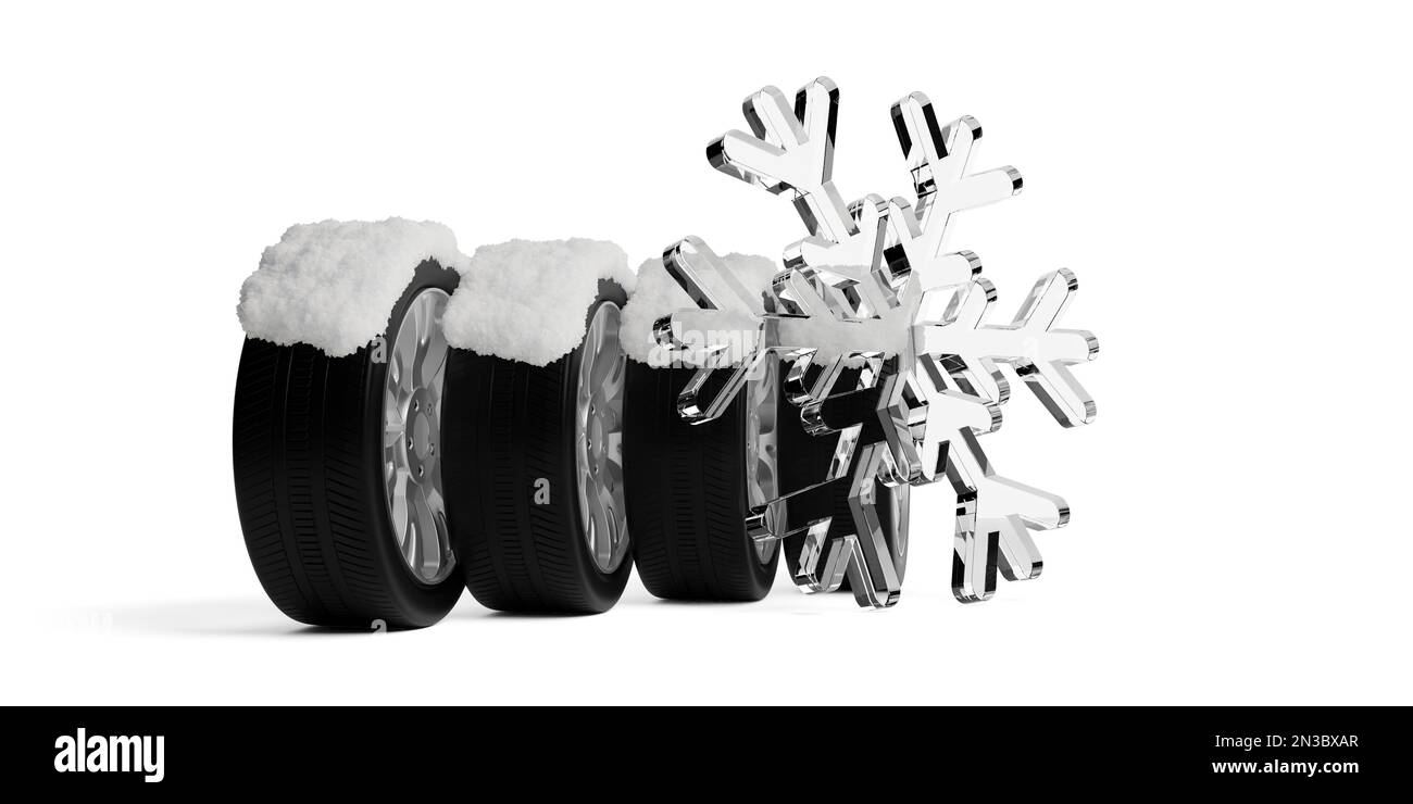 Four car tires standing on white background with abstract glass