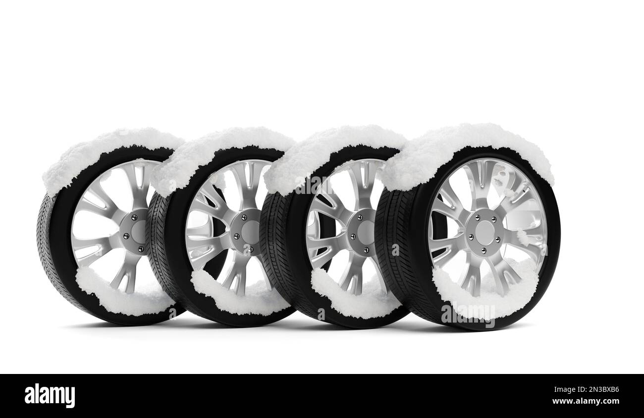Row of four car tires covered with snow on white background, winter