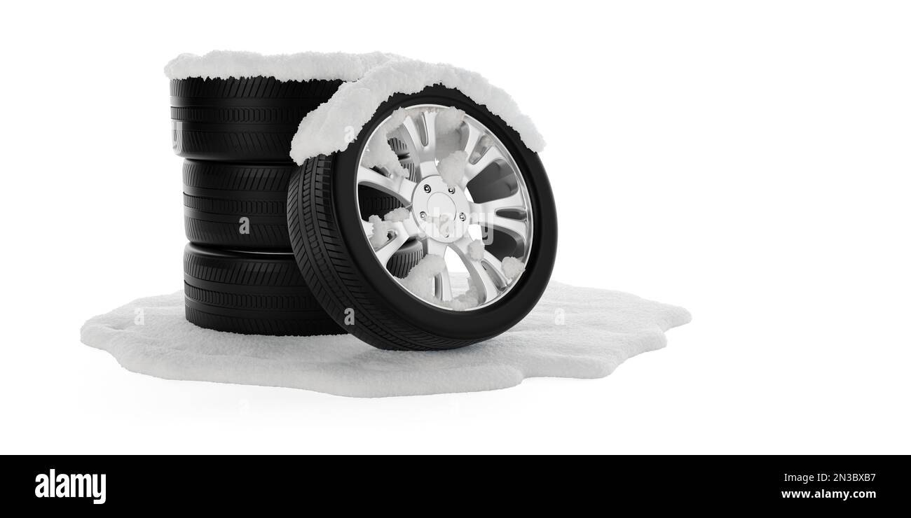 Stack of car tires covered with snow on snow patch over white