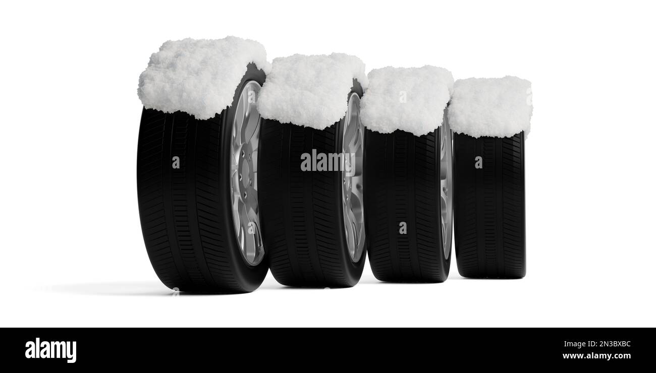 Four car tires standing on white background, covered with snow, winter
