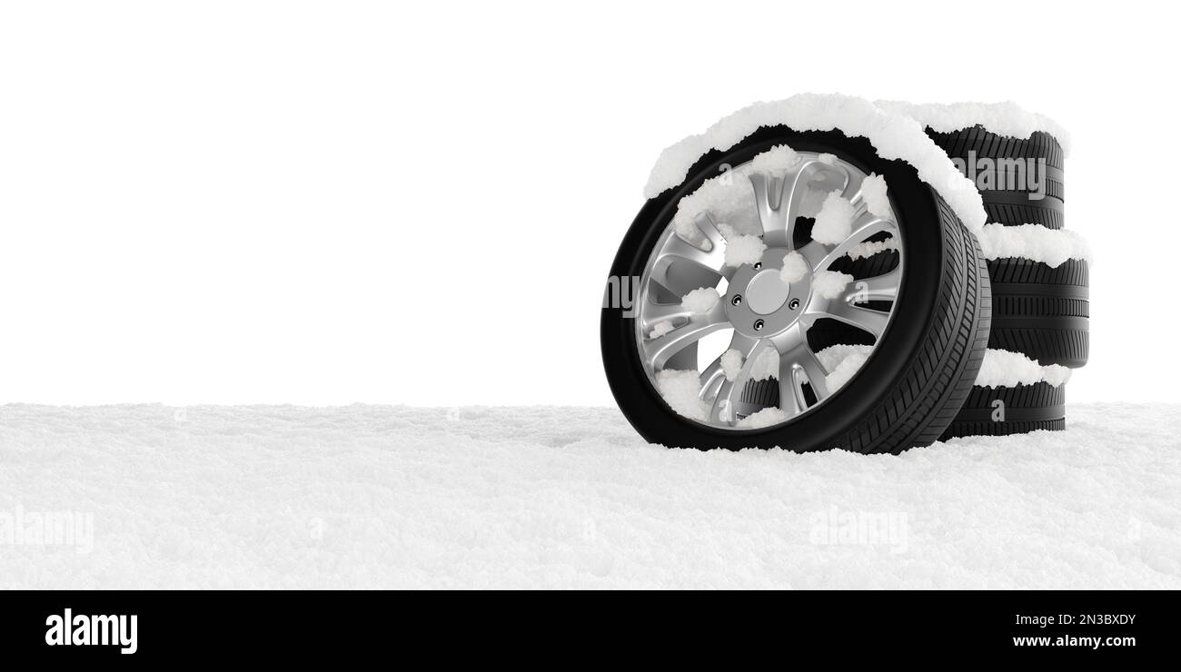 Stack of car tires covered with snow on snow floor over white