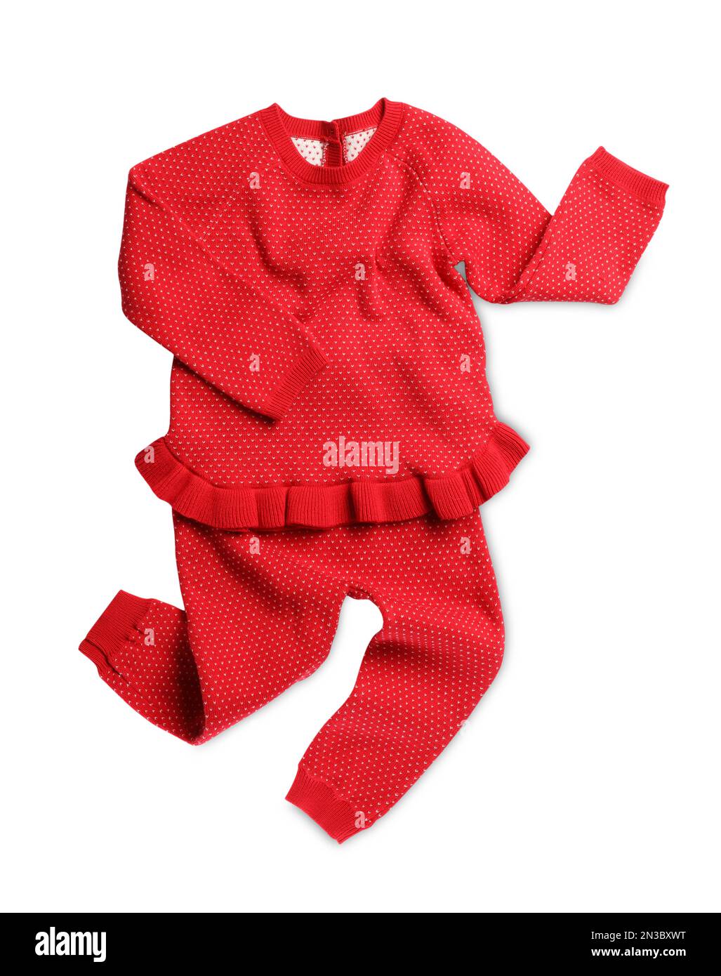 Stylish baby suit on white background, top view. Christmas clothes