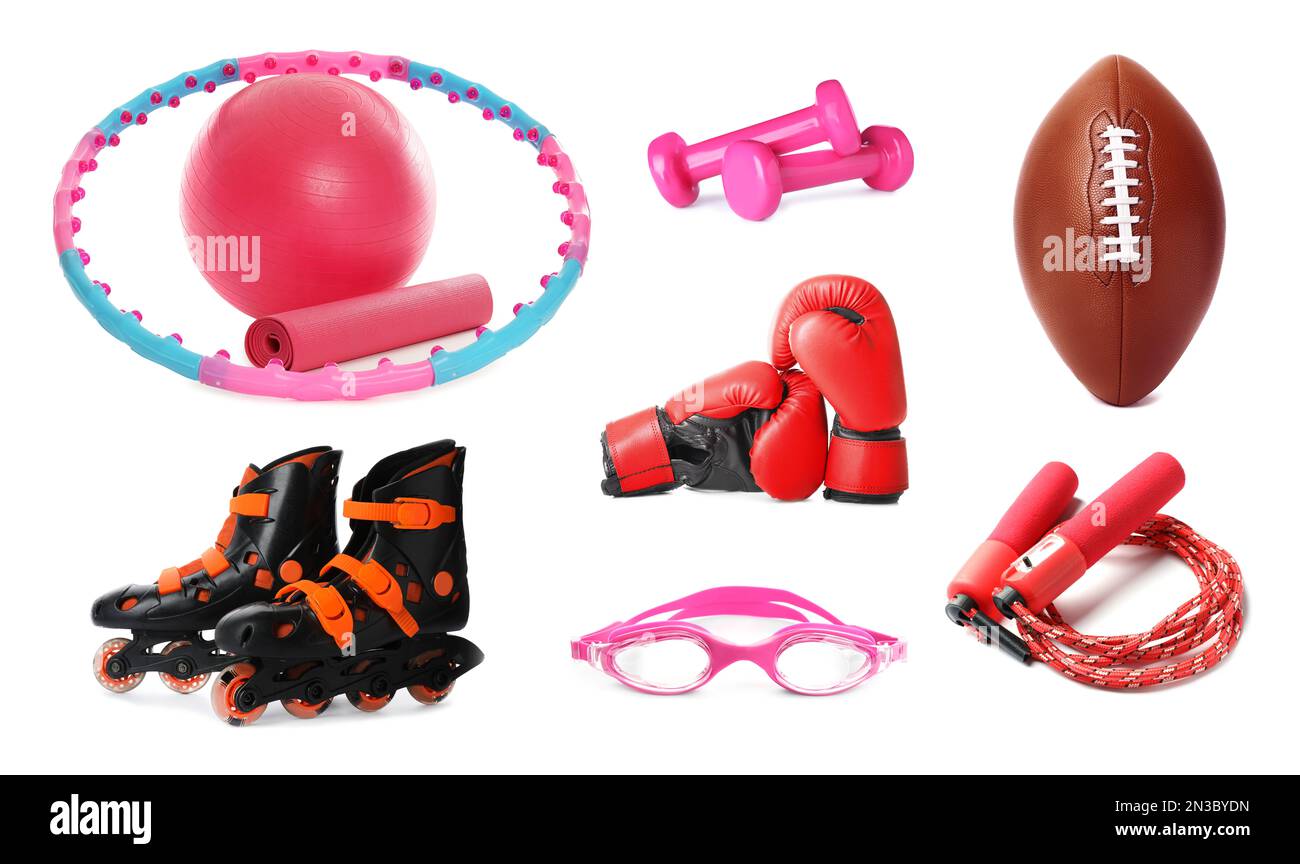 Set of different sport equipment on white background Stock Photo Alamy