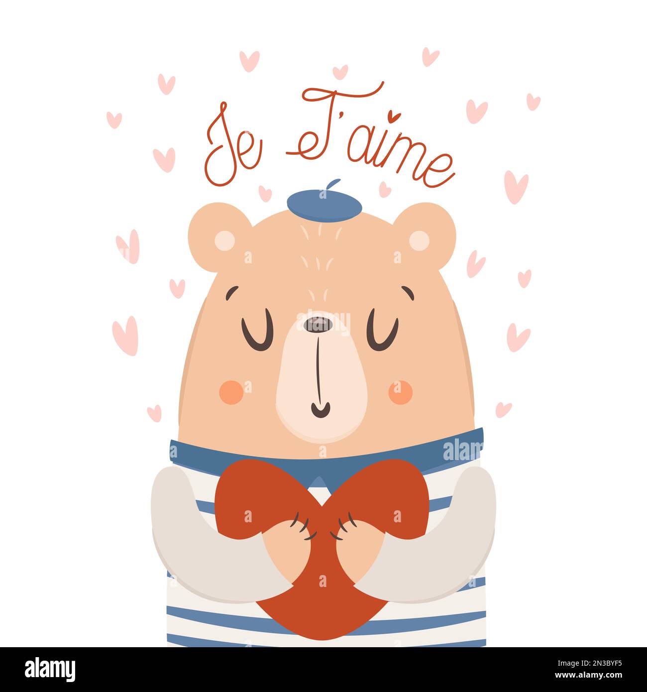 Je T'aime. Cute bear holding big heart. Valentine's day card concept. Vector Illustration Stock Vector