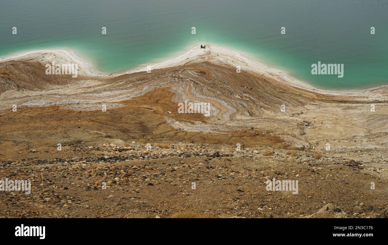 Dead Sea aerial view with salt on shores and clear water, Jordan and Israel, Dead Sea Stock Photo