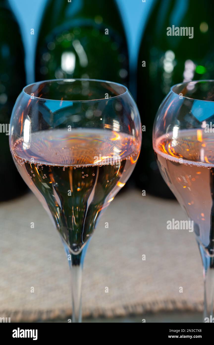 Tasting of rose brut Champagne sparkling wine in cellars of gran cru