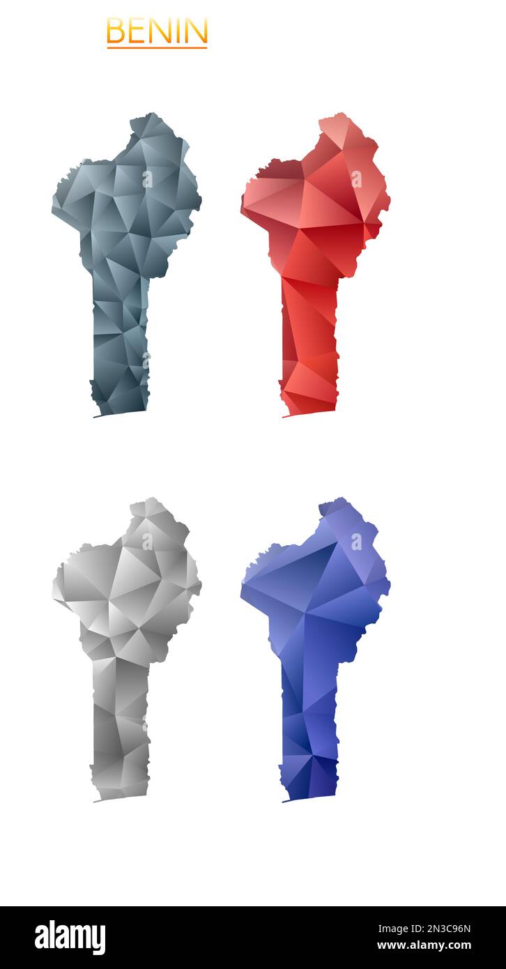 Set of vector polygonal maps of Benin. Bright gradient map of country in low poly style. Stock Vector