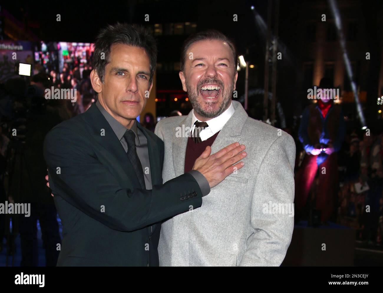 Actors Ben Stiller and Ricky Gervais pose for photographers upon