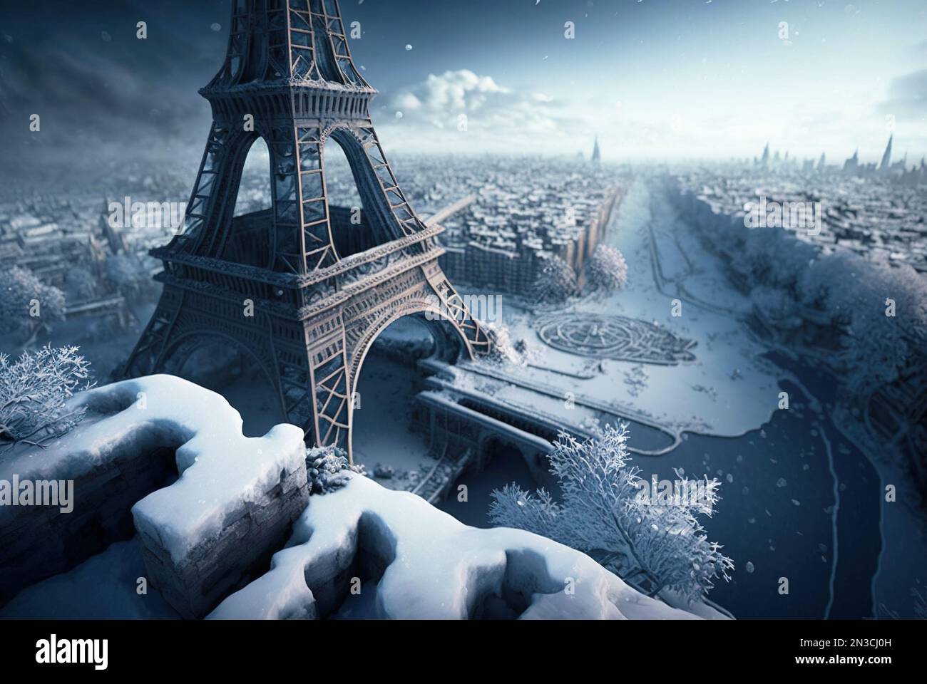 Frozen Paris in winter, snow and ice due to energy crisis, generative