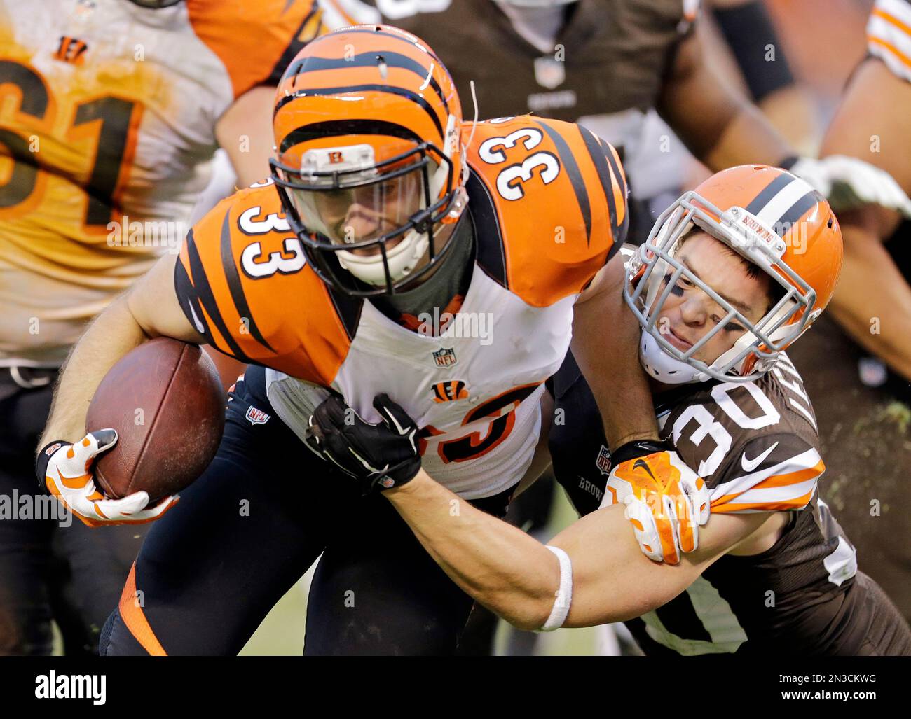 Cincinnati Bengals running back Rex Burkhead (33) runs past Cleveland Browns  defensive back Jim Leonhard (30) for a touchdown in the fourth quarter of  an NFL football game Sunday, Dec. 14, 2014