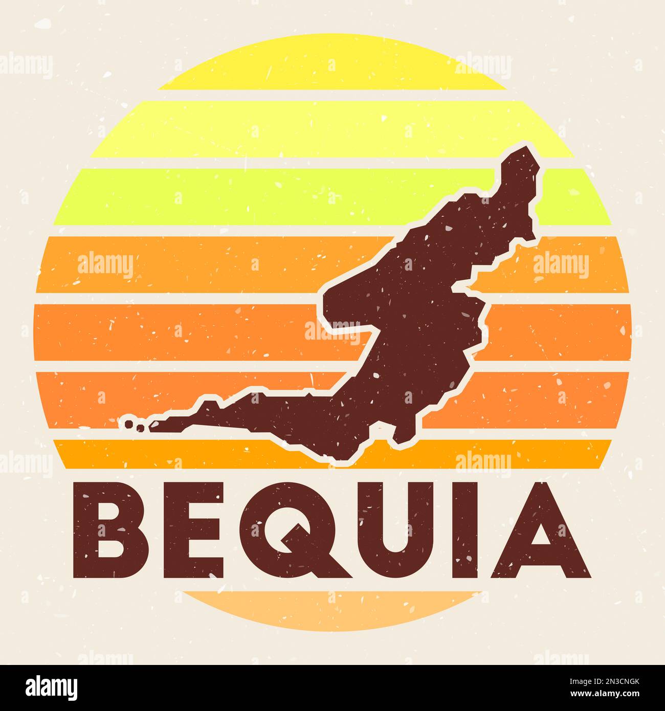 Bequia logo. Sign with the map of island and colored stripes, vector illustration. Can be used as insignia, logotype, label, sticker or badge of the B Stock Vector