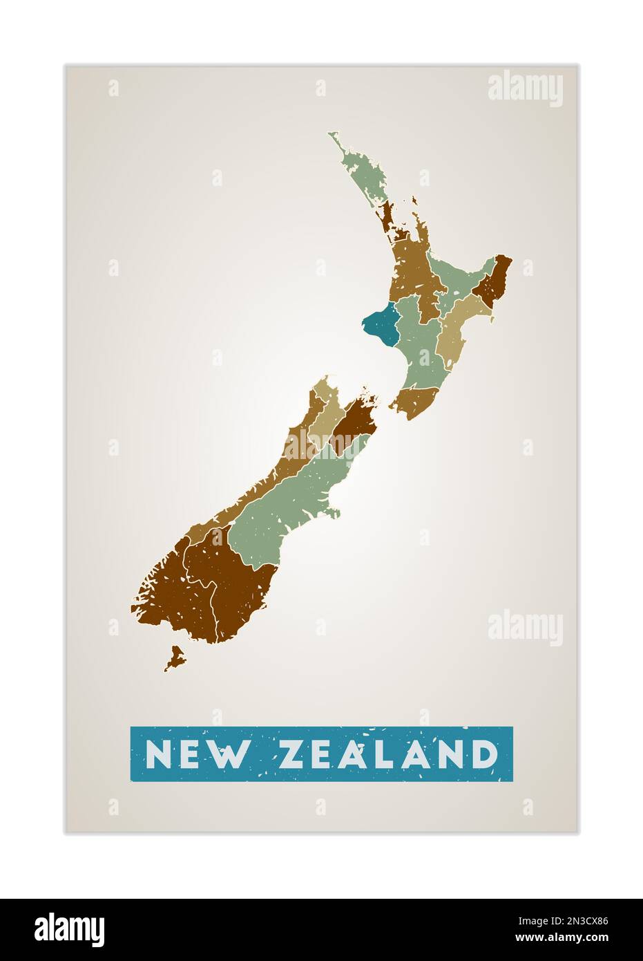 New Zealand map. Country poster with regions. Old grunge texture. Shape