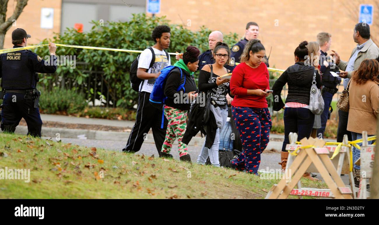 A group of students leave Rosemary Anderson High School in Portland