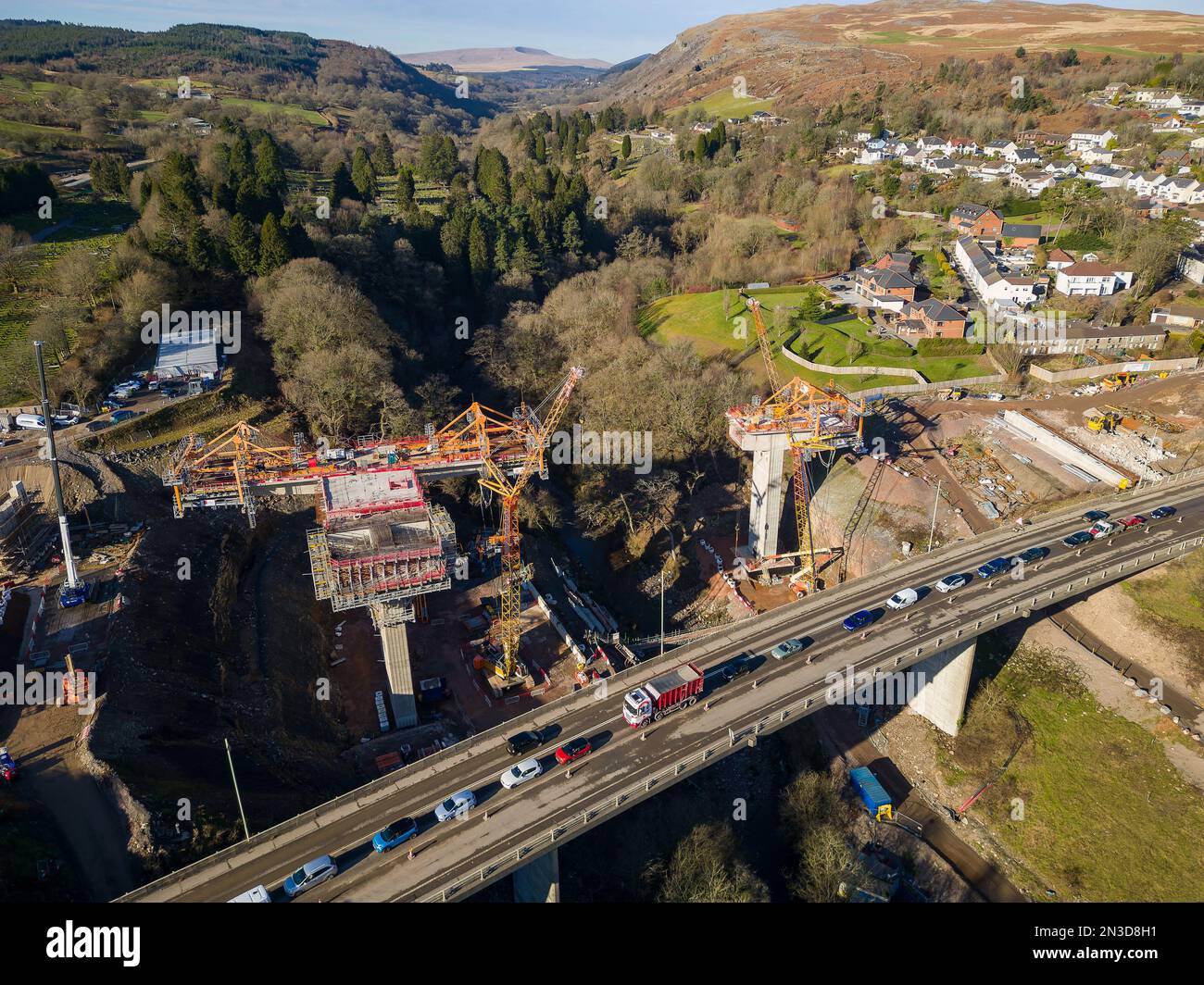 Aerial view of bridge supports at a major road construction project in