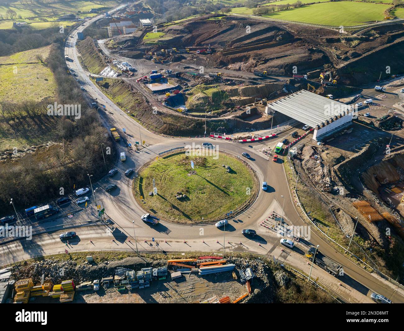 Aerial view of a roundabout and major roadworks at section 5 of the