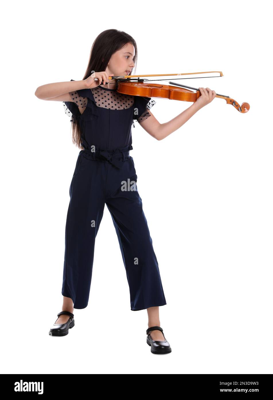 Preteen girl playing violin on white background Stock Photo - Alamy