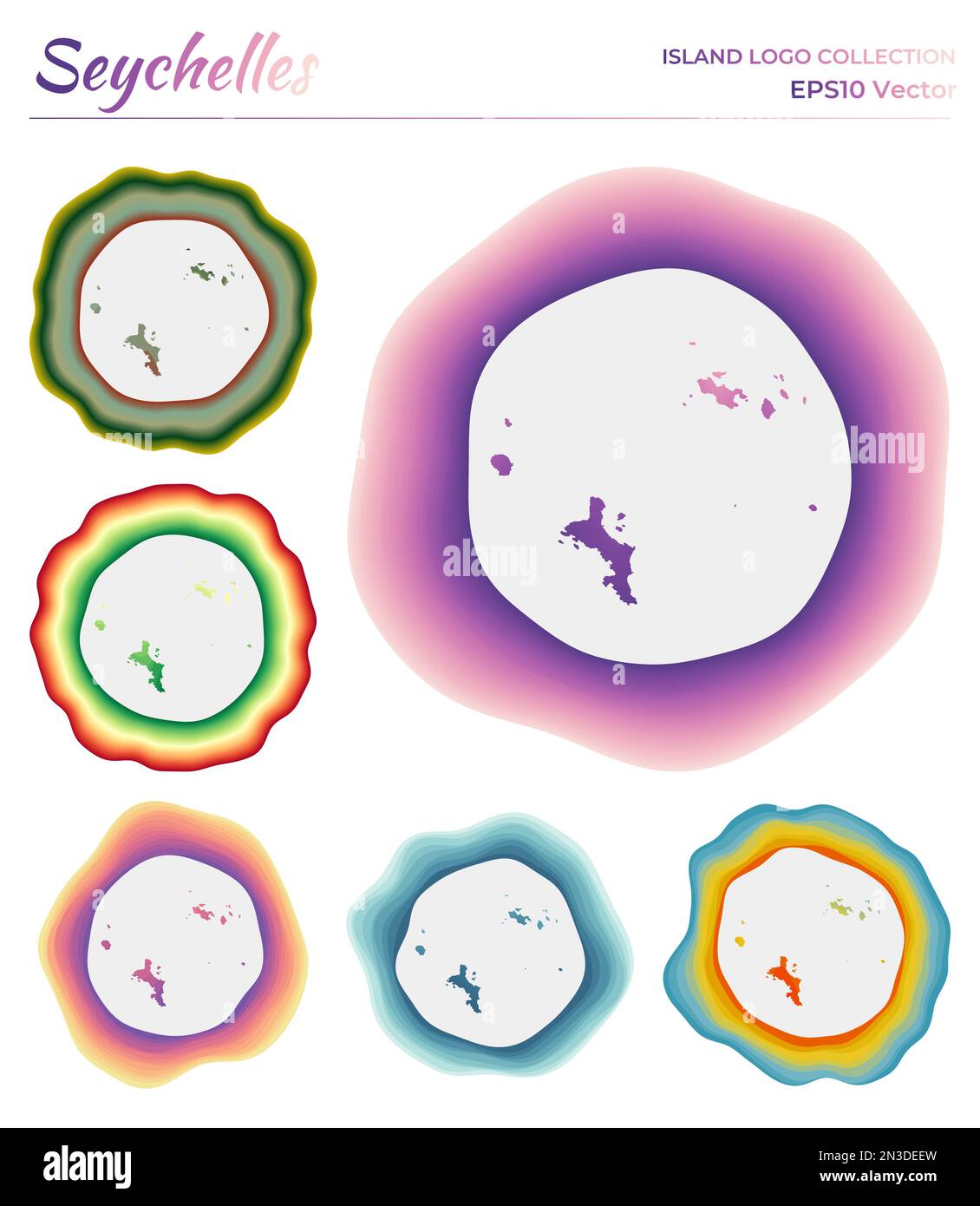 Seychelles logo collection. Colorful badge of the island. Layers around Seychelles border shape. Vector illustration. Stock Vector