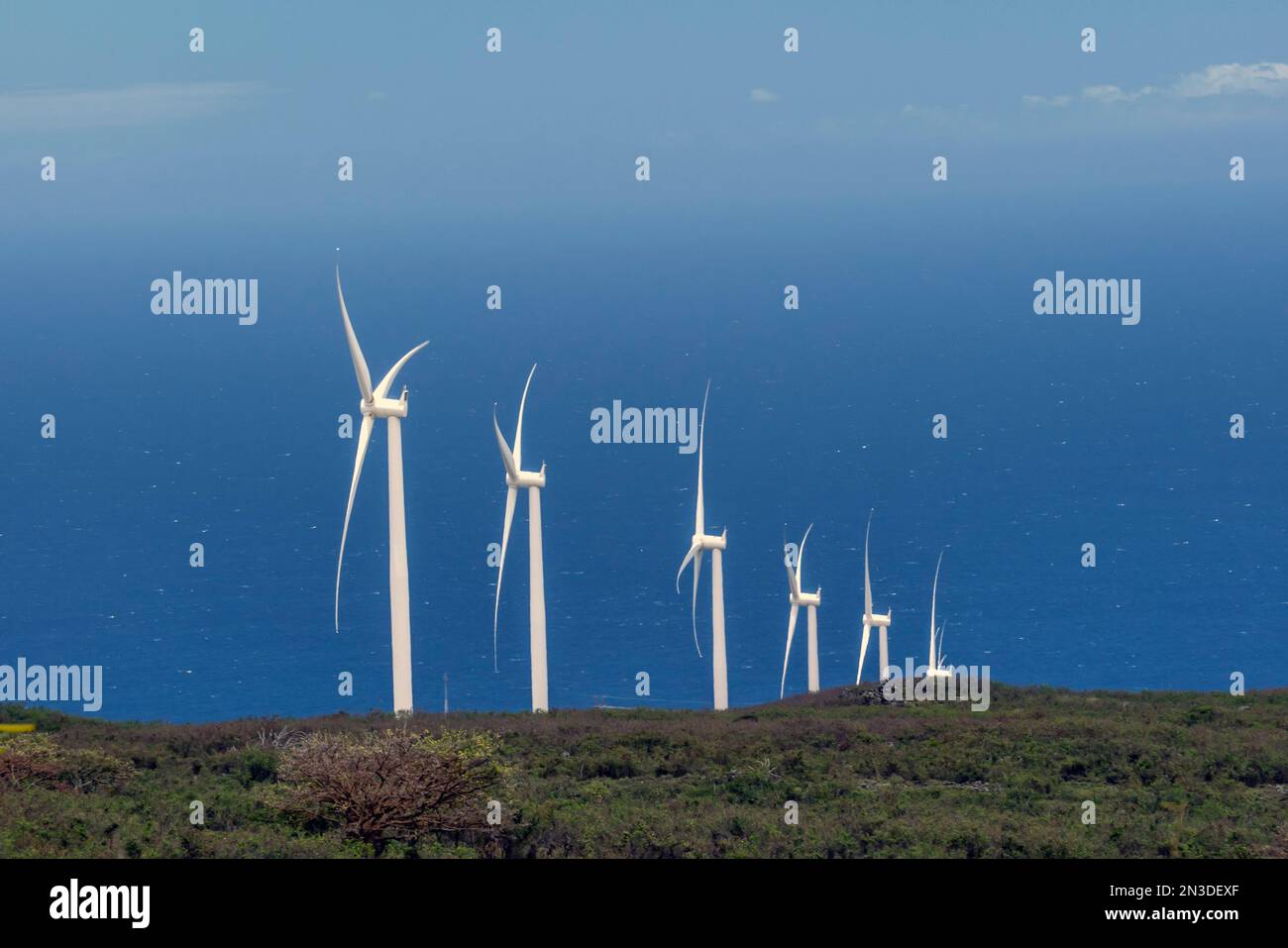 Row of wind turbines on the Big Island of Hawaii. Electricity from wind ...