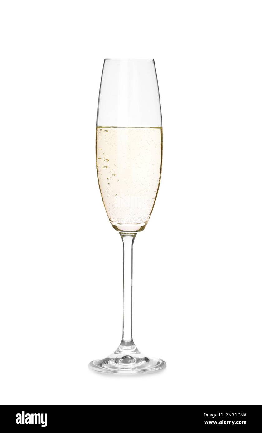 Glass of champagne on white background. Festive drink Stock Photo