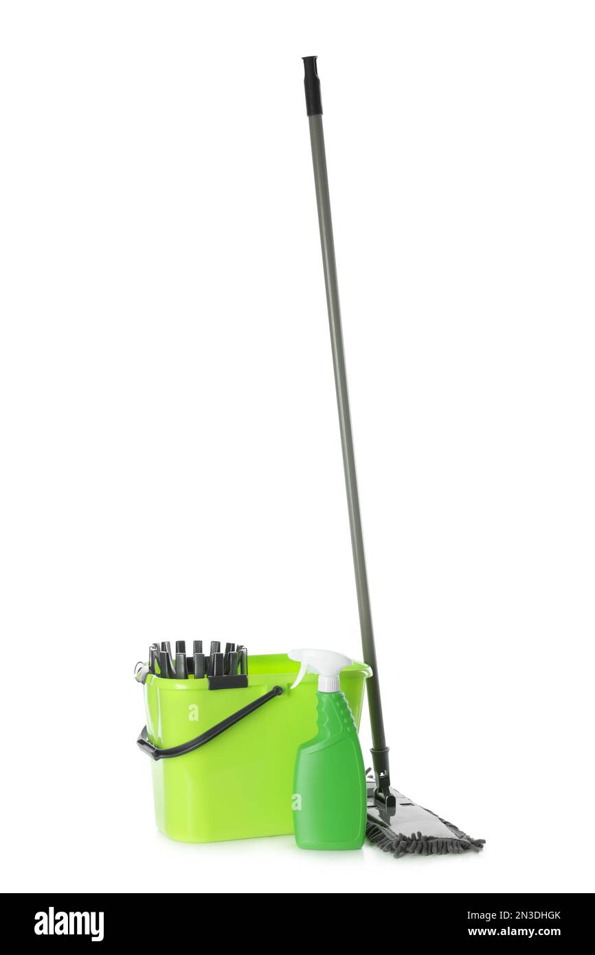 Mop, detergent and plastic bucket on white background. Cleaning